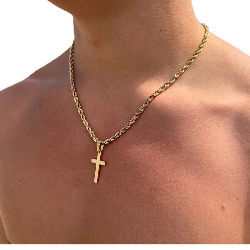 European and american cross-border tmue hot-selling men's twisted rope chain hip hop trendy chain cross pendant necklace