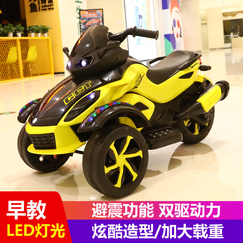 Four-wheeled shock absorption children's electric three-wheeled motorcycle, dual-drive dual-electric LED lighting, early education electric three-wheeled motorcycle