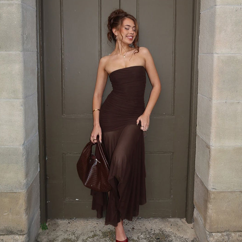 fashion:  summer new arrivals - solid color sexy bandeau sleeveless mesh patchwork dress (europe & america)