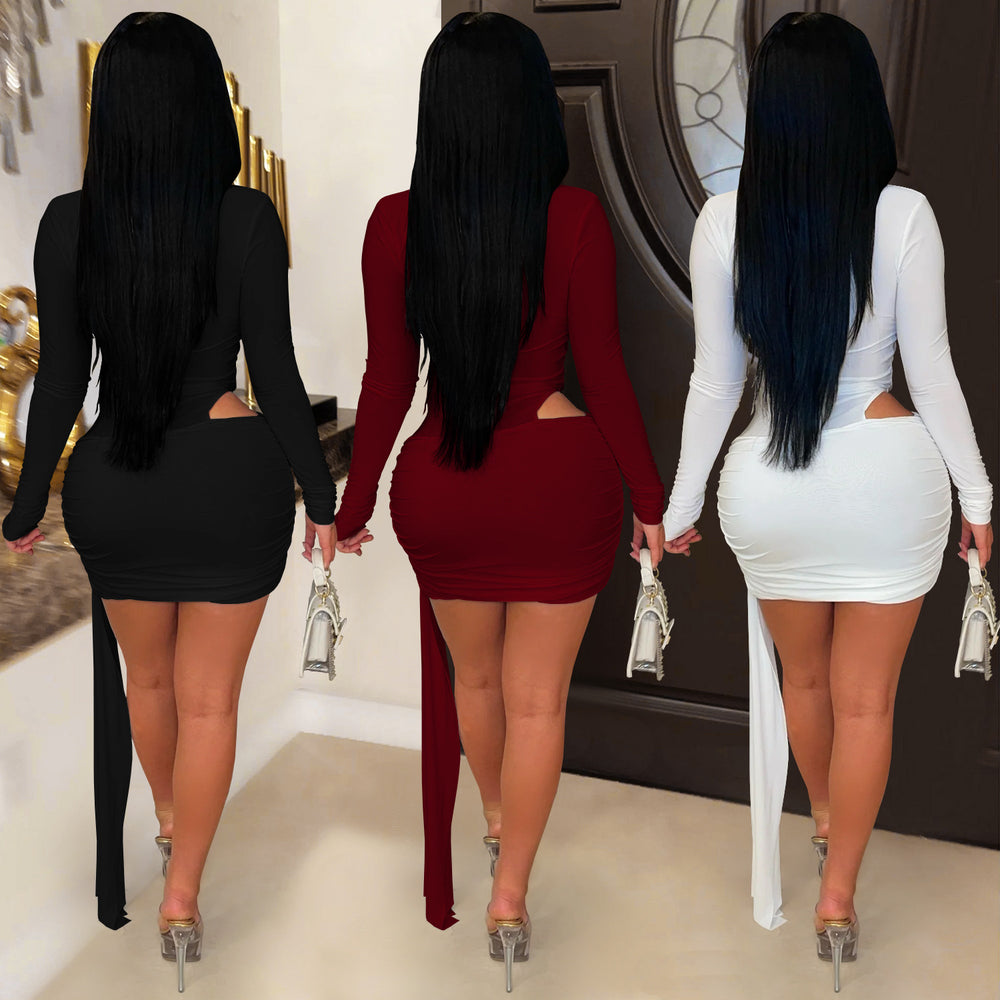 C7607 cross-border   fashion women's sexy deep v solid color ribbon dress mini skirt new