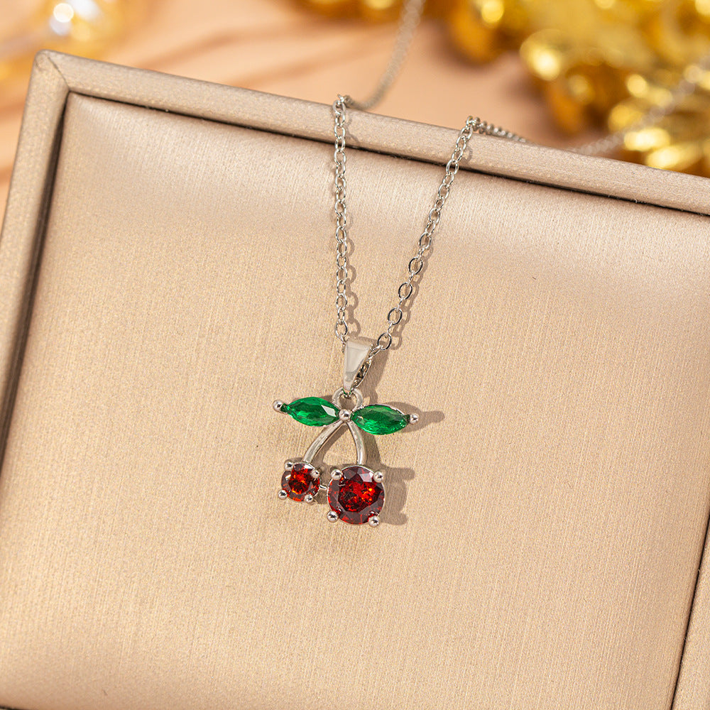 [titanium steel] japanese and korean cross-border popular cherry necklace for women, versatile, fashionable and high-end inlaid clavicle chain accessories