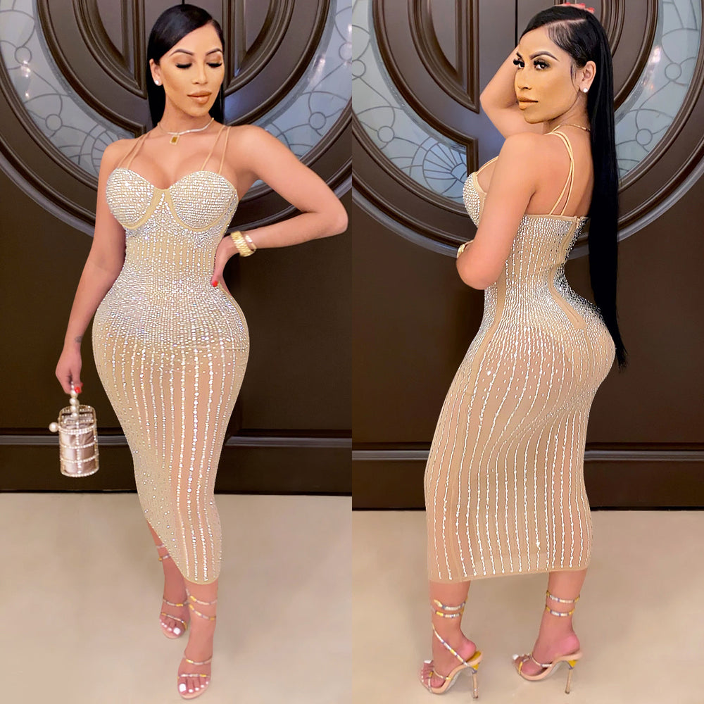 X3805 cross-border new arrival: european and american fashion women's party nightclub mesh see-through rhinestone embellished strappy dress
