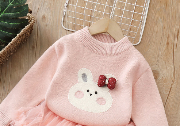 Girlsweaterthickenedall-in-one velvet with tutu skirttwo-piece set for baby girls round neck bottom shirtsuit