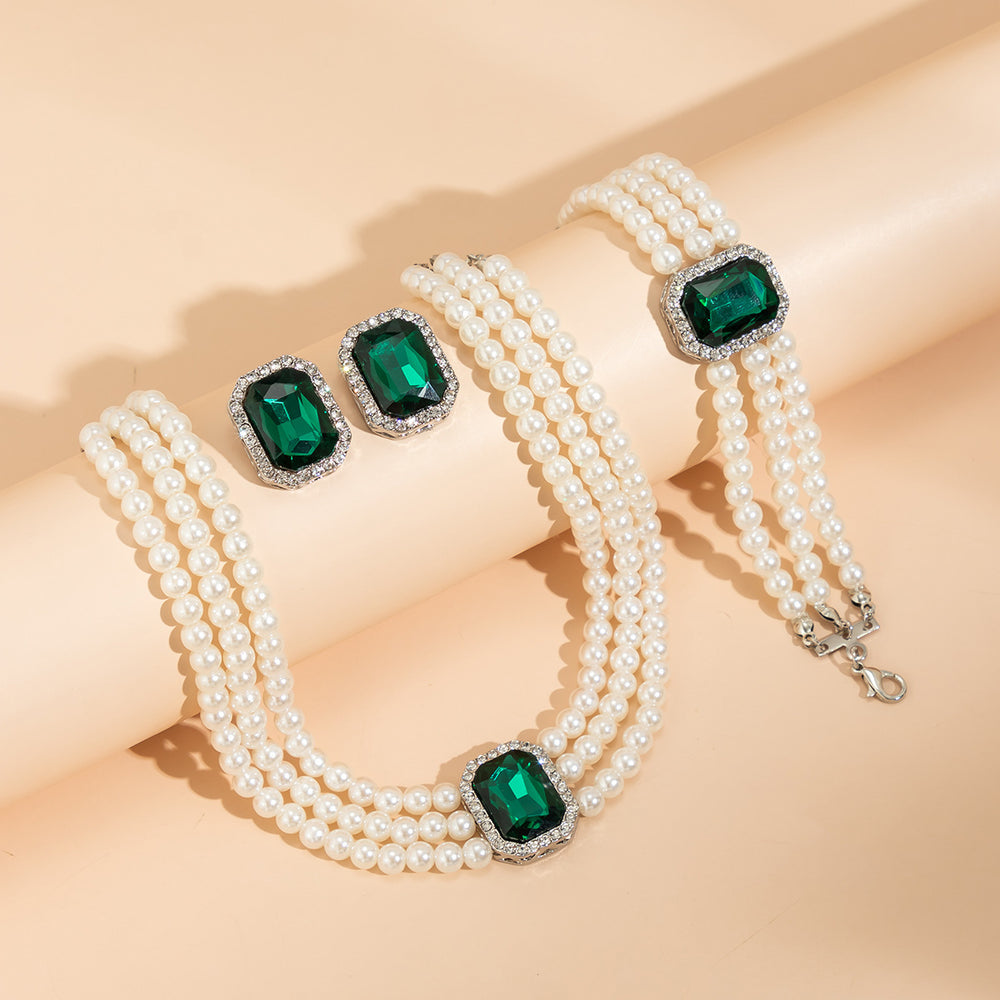 Imitation pearl necklace set wholesale - european & american cross-border jewelry - statement luxury gemstone choker necklace - vintage ring & bracelet set