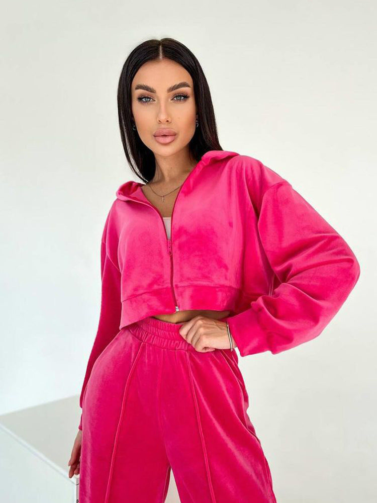 European and American new  suit fashion long-sleeved short hooded sweater cardigan trousers suit casual women's clothing