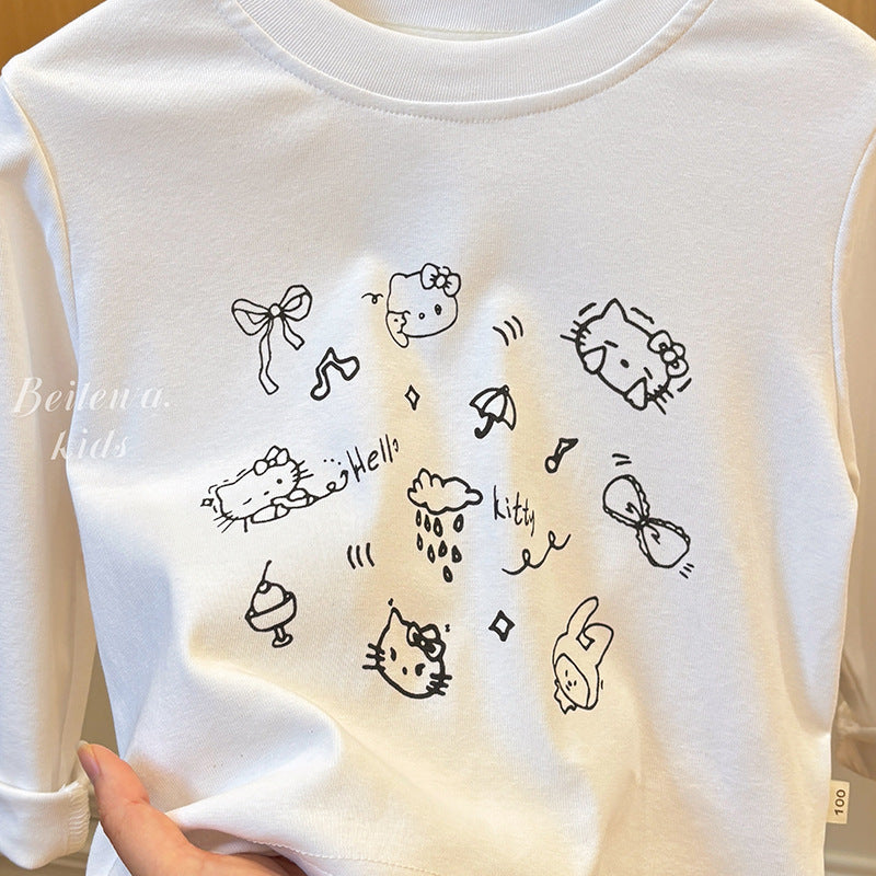 New arrivalkidsspring & fallcute lazy cartoon kitten long sleeves bottom sweatshirt baby girl casuallong sleeves t-shirt children's clothing