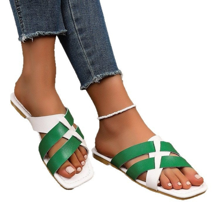 Exportplus size color matching outwear beach sandals women's summernew arrival square toe cross strap cut out flip flops
