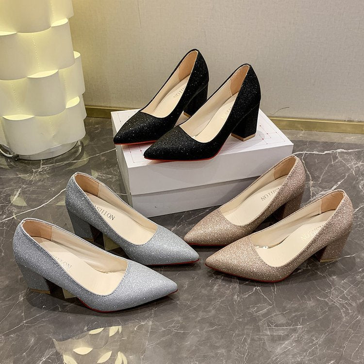 2026exportflats thick heel flats women's pure color pointed toe bean shoes k-stylefashion high heels women's manufacturer plus size