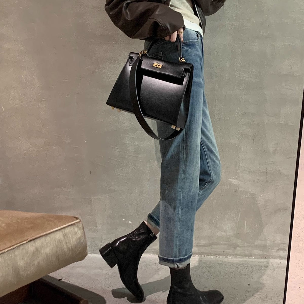 Grape mom's same style washed horse leather square toe thin boots women's thick heel short boots fall and winter stylethick sole small ankle boots for women