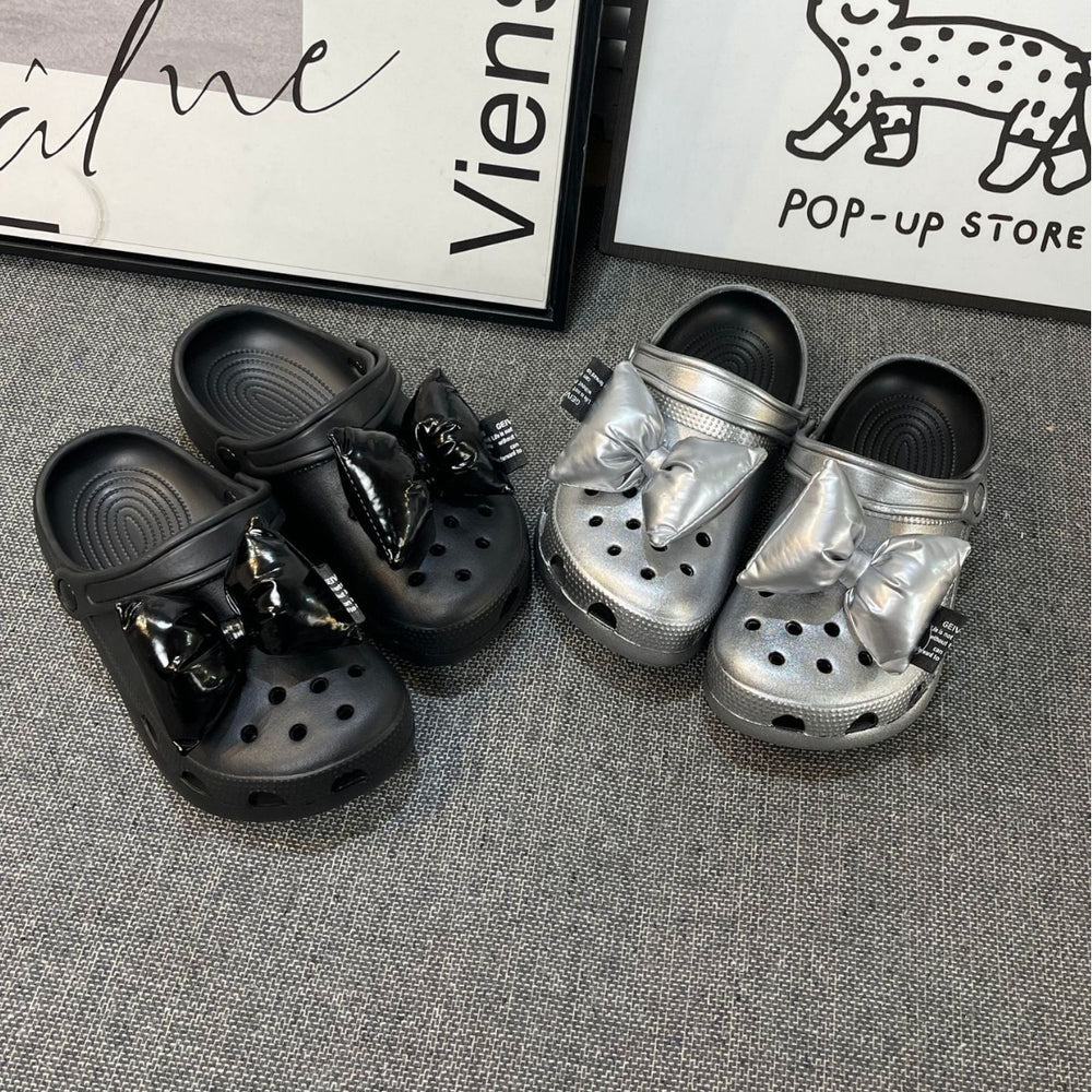 Silver clogs bows slippers women's outwear summer 2024new arrival sandals women's beach beach shoes women's toe shoes
