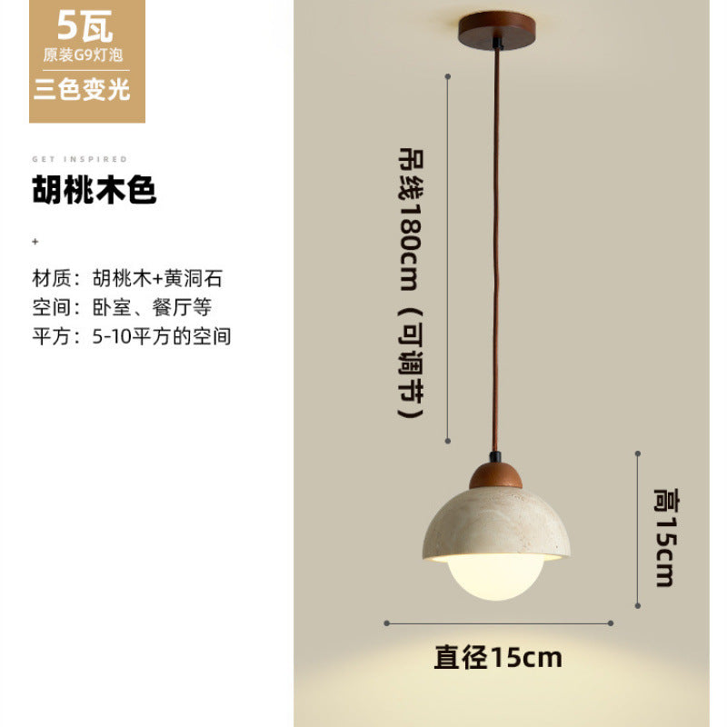 Yellow travertine bedroom bedside chandelier Japanese wabi-sabi retro walnut living room background wall bar hanging line lamp