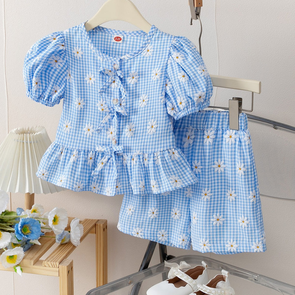 new product girl european and american style socialite ins cute floral bow + shorts set