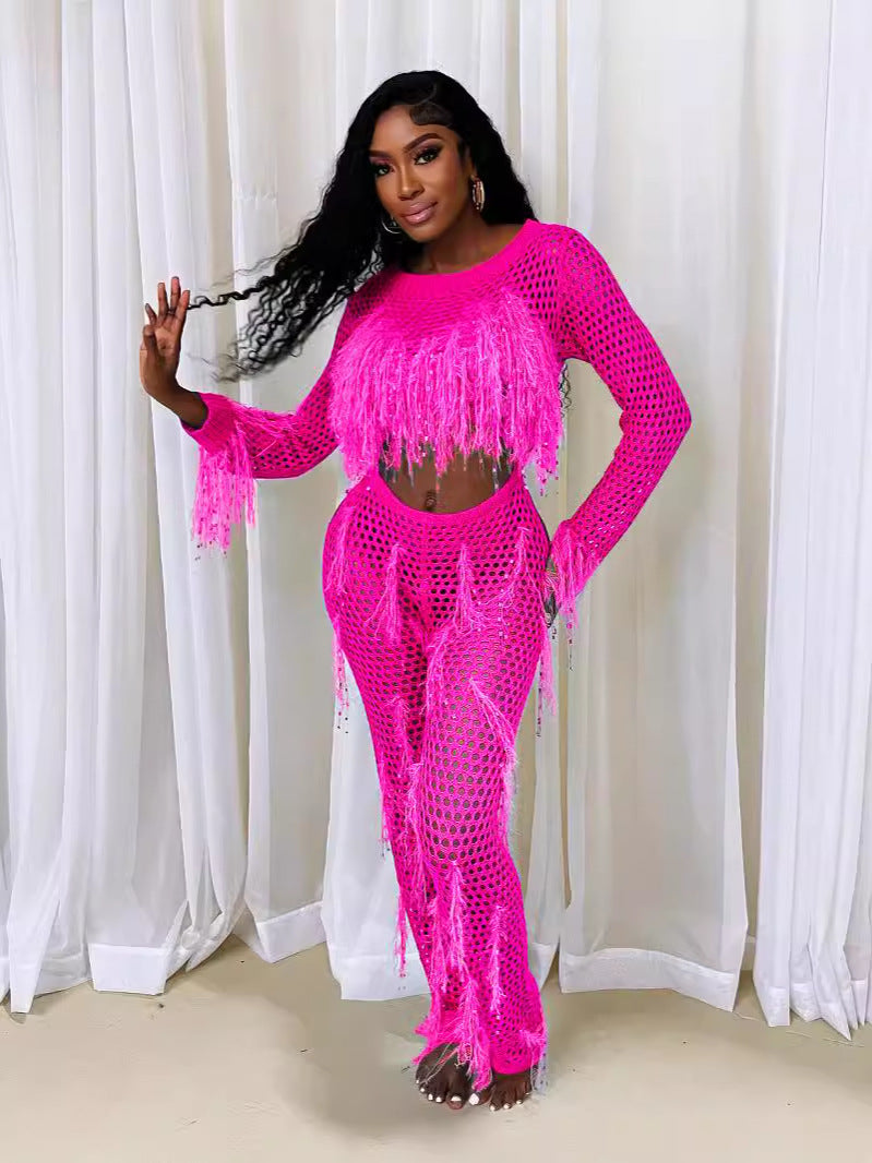 supply new arrival european and american clothing sexy imitation mink hair handmade tassel knittingcut outseparates jumpsuit