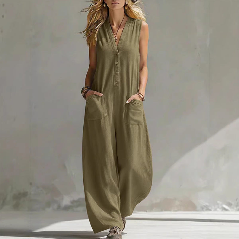 summer new arrivals: european & american style women's fashion - casual, loose-fit, solid color button-up jumpsuit