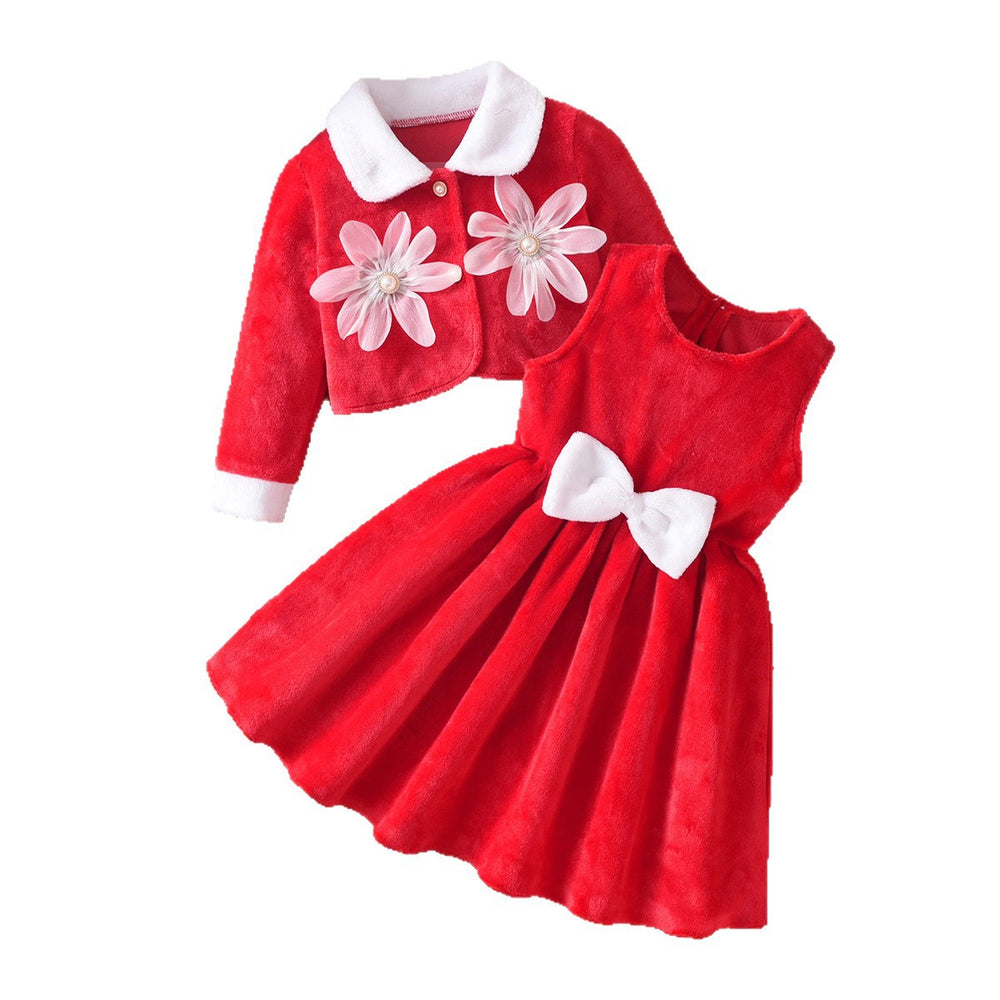 girls' skirt set: red floral patchwork jacket, vest, and dress - kids' christmas two-piece outfit