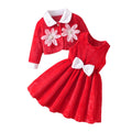 girls' skirt set: red floral patchwork jacket, vest, and dress - kids' christmas two-piece outfit
