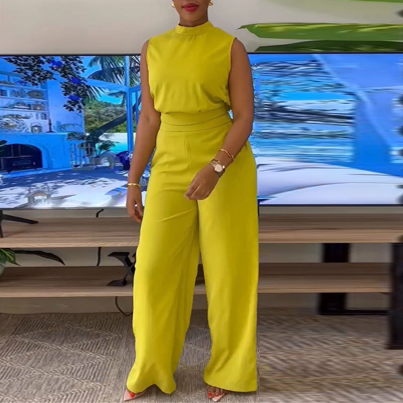 European and American  women's clothing 2025 summer new semi-turtleneck sleeveless top high waist wide leg trousers casual suit