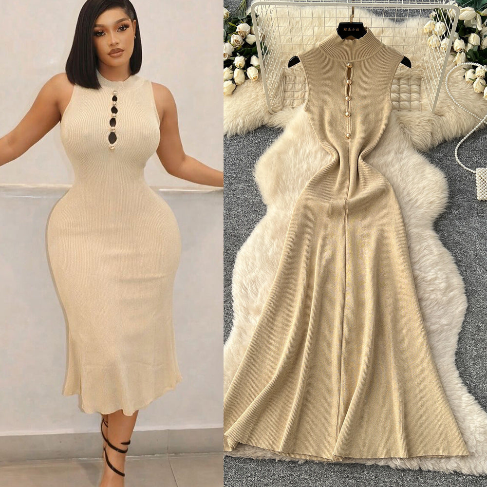 Classysense normcore style elegantcut out metal button half turtle collar dress women's fall and winterelegance bottom knitting long skirt