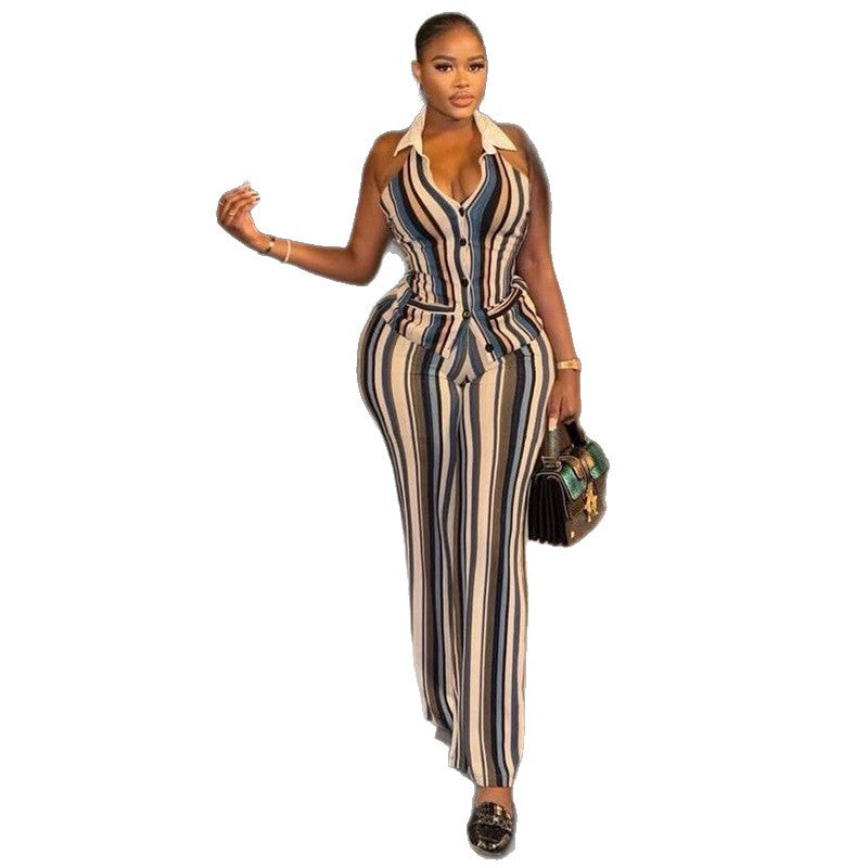 European and american style ins foreign trade women's personalized striped slim-fit pantsuit v-neck button fashion print two-piece set