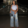 European and american casual women's jeans -  cross-border women's fashion street style washed button closure high-waisted pants