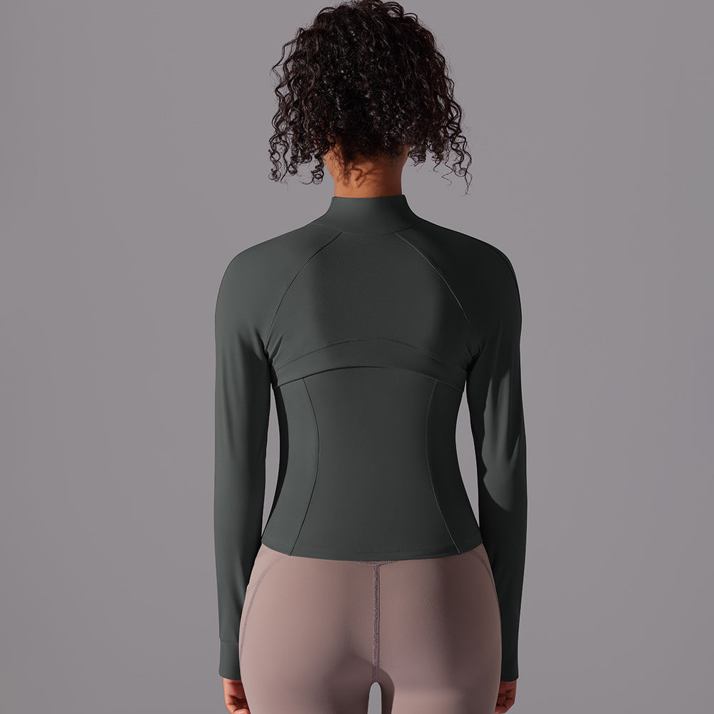 Naked comfortable outdoor sports outwear breathable mesh stand collar long sleeves zipper topsilm yoga fitness outwear