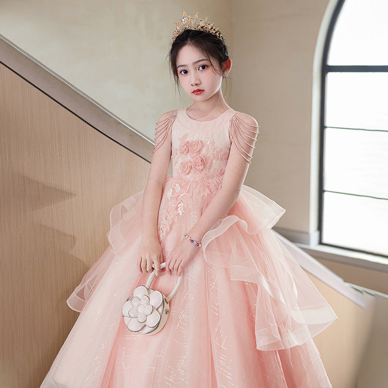 Black high-end children's evening gown, girls' princess dress, fluffy tulle, stylish hostess outfit, student violin performance costume