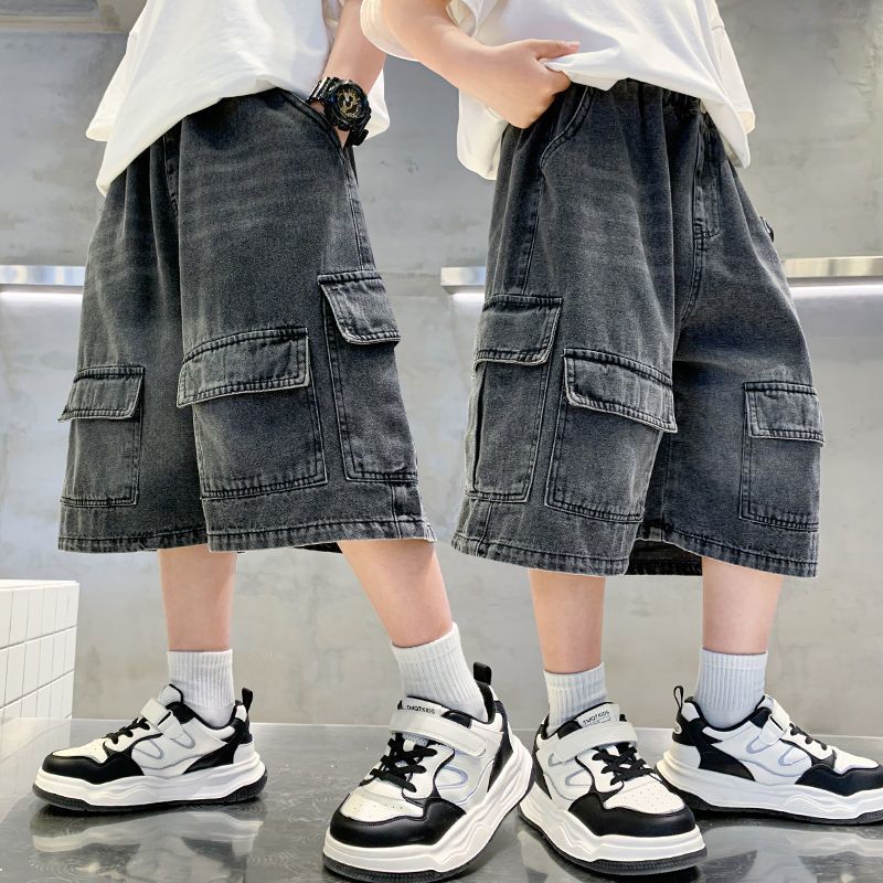 Boys' summer denim shorts: new stylish mid-length shorts for older boys, cool summer workwear-style capris