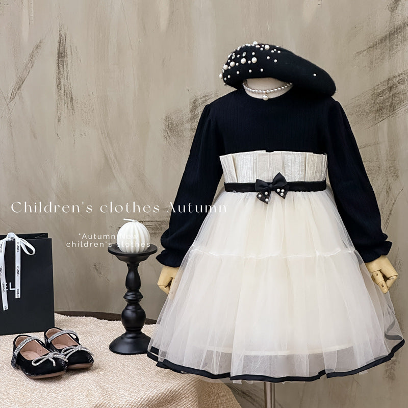 Girls' dress - new autumn  collection: elegant korean style tutu dress with bow detail, cinched waist, princess style, and tulle skirt for older girls