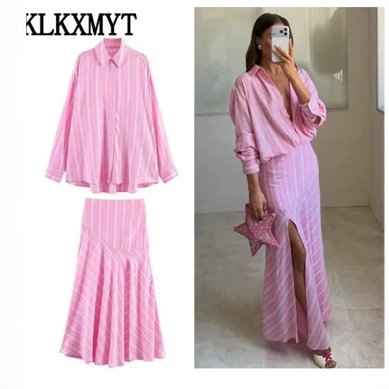 summer new women's clothing: cross-border european and american style fashion casual striped long-sleeve shirt dress set