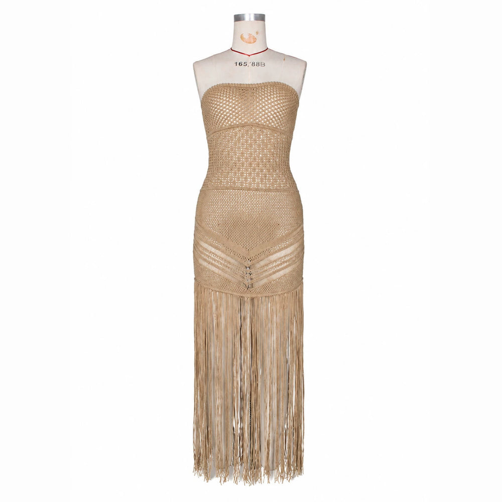 European and american beach party bandeau knit tassel maxi dress - cutout, sheer, sleeveless, bodycon cover-up - cross-border women's apparel wholesale