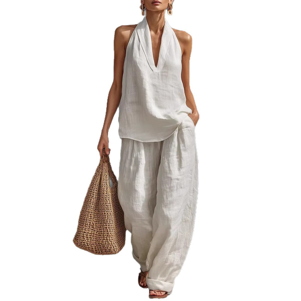 spring/summer hot seller: french chic halter v-neck open-back top & cool, comfortable, slimming wide-leg pant set