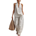 spring/summer hot seller: french chic halter v-neck open-back top & cool, comfortable, slimming wide-leg pant set