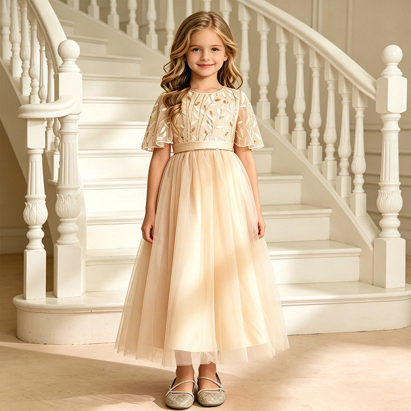 European and american style girls' formal dress, european puffy skirt, elegant and graceful children's dress, short-sleeved tulle skirt, long children's clothing