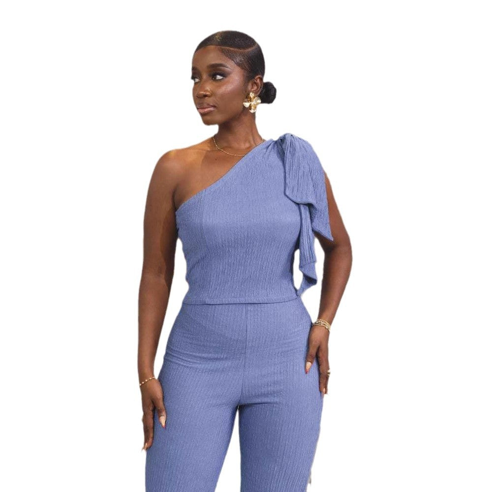 European and american cross-border women's fashion:  autumn/winter new collection - solid color sleeveless slant neck top and slim-fit high-waisted pants two-piece set
