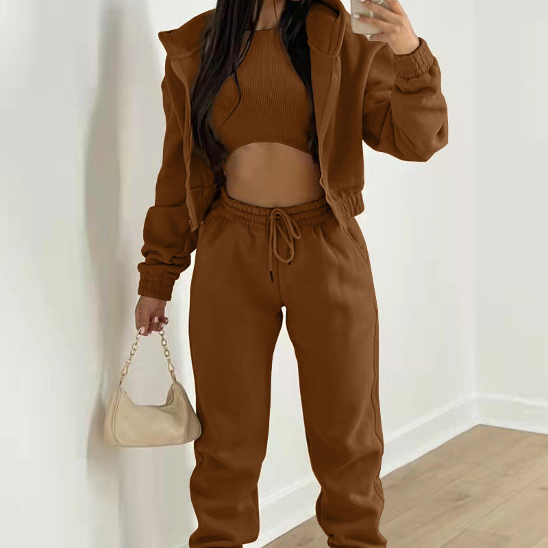 cross-border e-commerce european and american women's clothing: new summer collection - solid color casual activewear three-piece set (hoodie, sweatpants, and top)