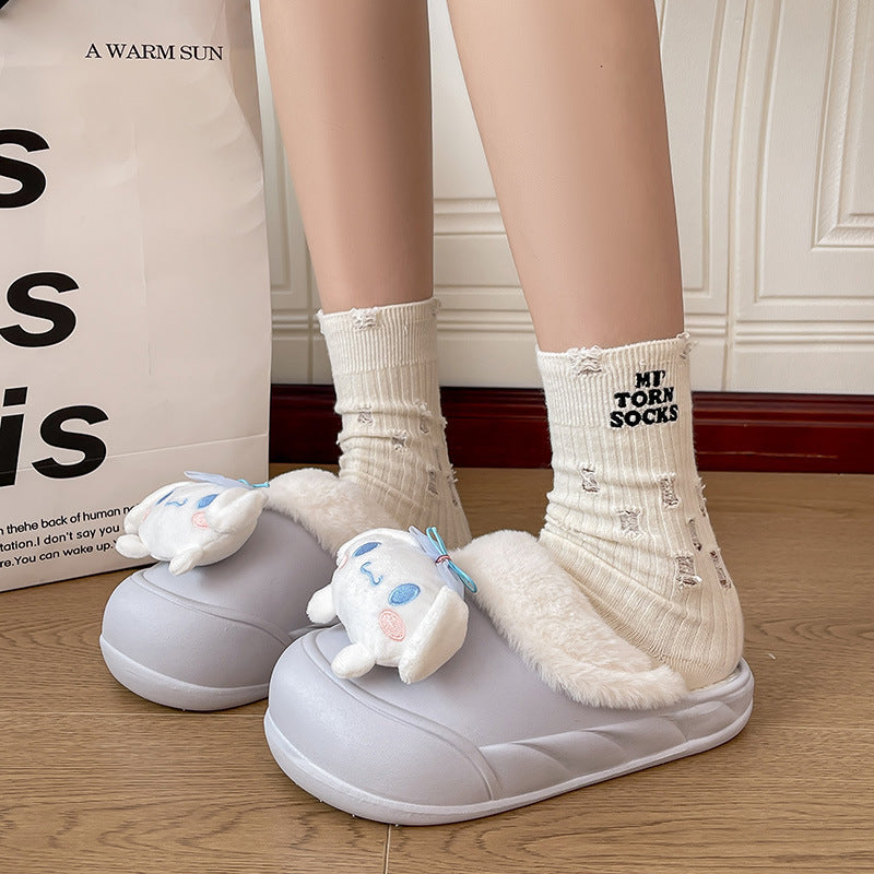 Platform chunky sole white fuzzy slippers - women's outerwear shoes, new autumn/winter 2024 collection, versatile home slippers