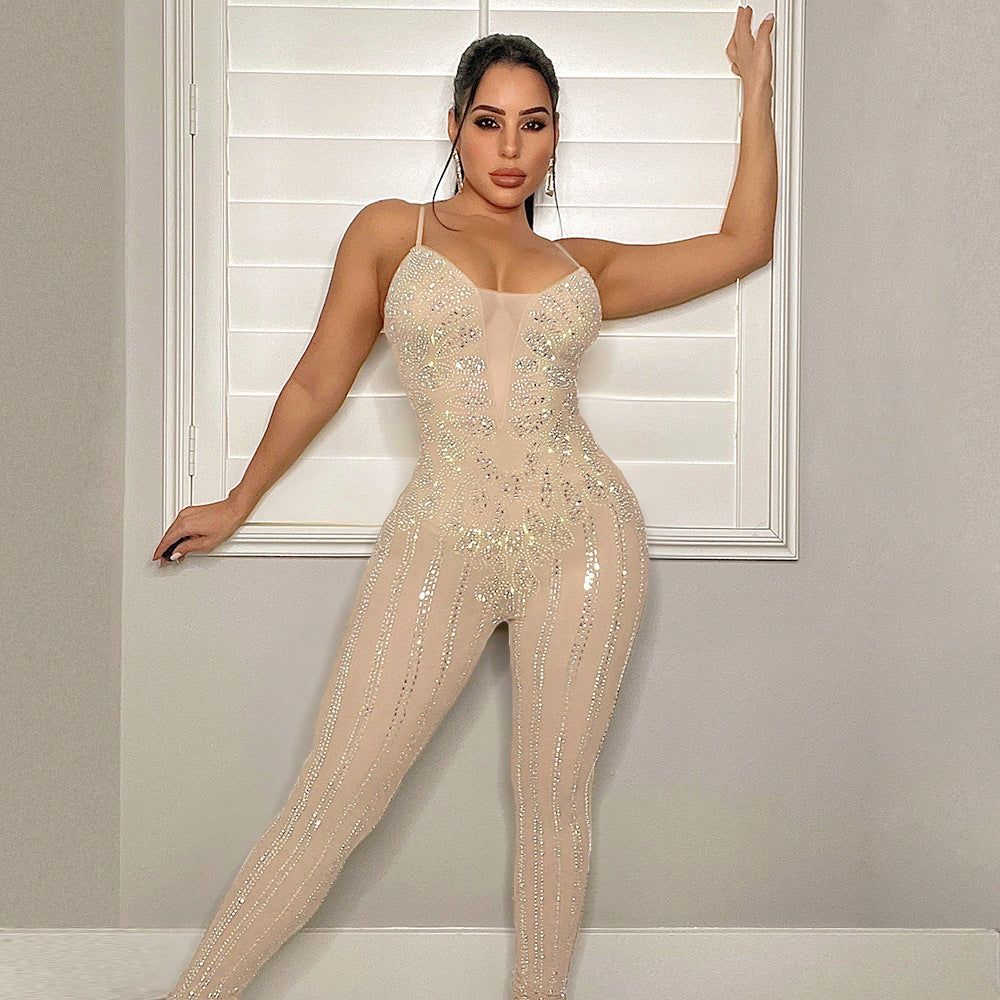 S390350  Cross-border Foreign Trade Fashion Sexy Mesh Perspective Hot Diamond Sleeveless Suspender Jumpsuit Women