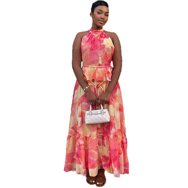 European and american cross-border women's fashion  autumn/winter new arrival: elegant printed backless tie-up sleeveless top and midi skirt set