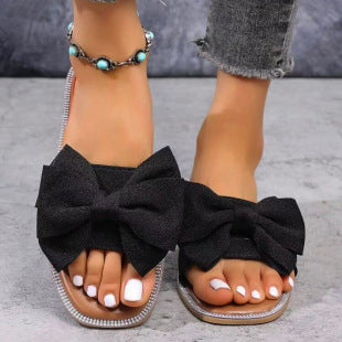 new flat rhinestone bow one-strap slippers women's outdoor wear solid color lightweight fabric sandals
