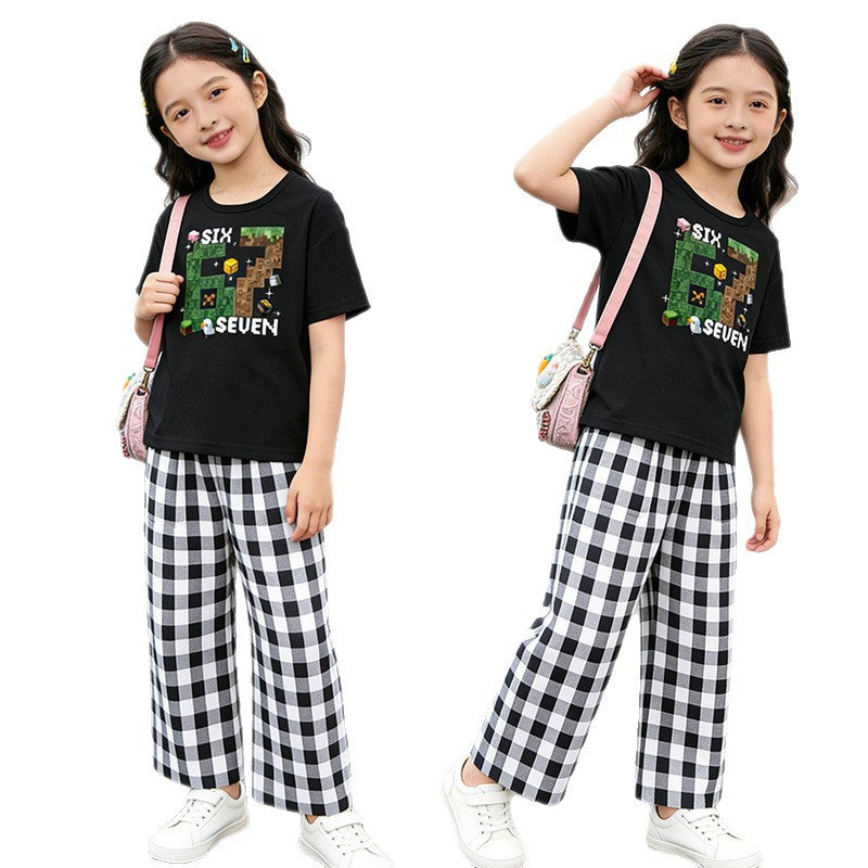 short-sleeve lightweight set: stylish and casual plaid outfit for girls (sizes for mid-to-large children) - new summer two-piece set with plaid pants