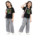 short-sleeve lightweight set: stylish and casual plaid outfit for girls (sizes for mid-to-large children) - new summer two-piece set with plaid pants