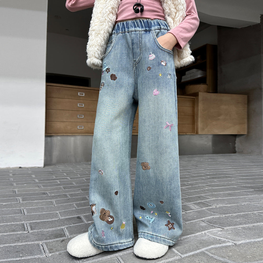 Girls' jeans - spring/autumn  new collection - stylish and relaxed fit straight leg jeans for older girls and teens - embroidered wide leg pants