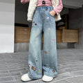 Girls' jeans - spring/autumn  new collection - stylish and relaxed fit straight leg jeans for older girls and teens - embroidered wide leg pants