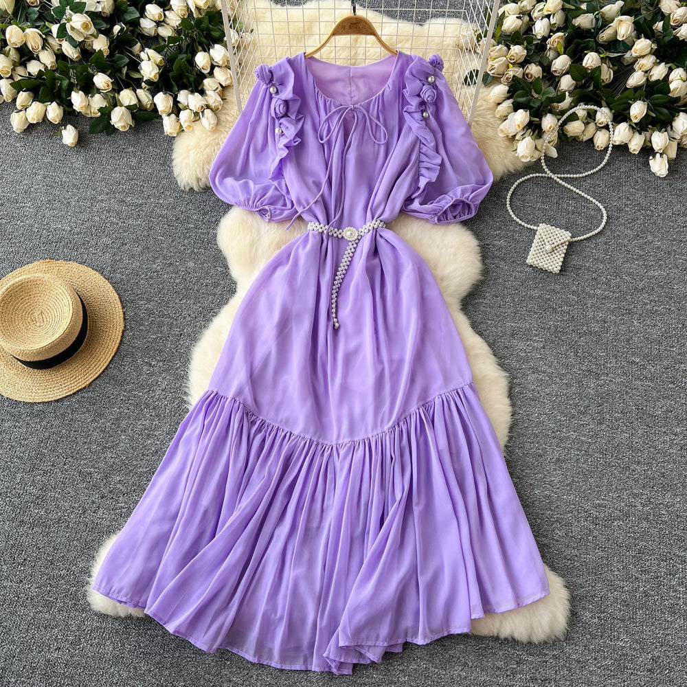 French-inspired beaded, ruffled, lantern-sleeve, a-line chiffon dress with a cinched waist and flattering, full skirt