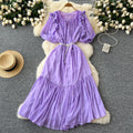 French-inspired beaded, ruffled, lantern-sleeve, a-line chiffon dress with a cinched waist and flattering, full skirt