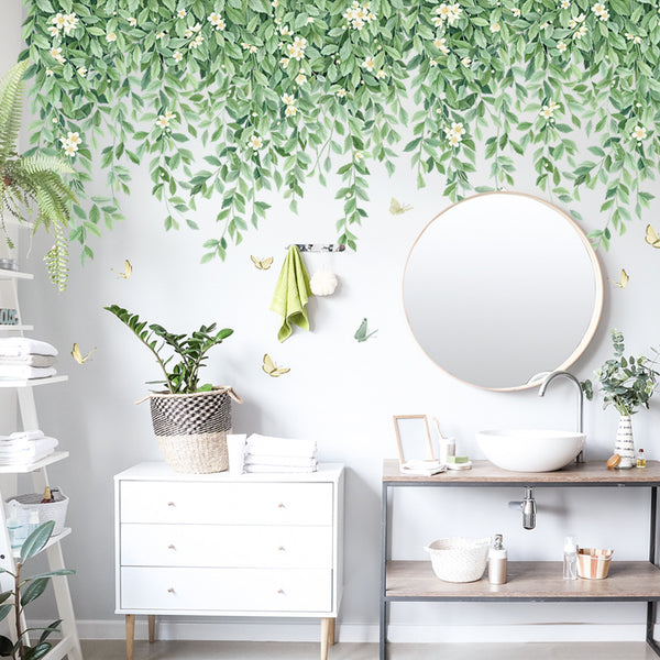 Green plant top corner line wall sticker bedroom sofa background decorative sticker Nordic leaf bird removable wall sticker