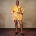 European and american cross-border women's fashion:  autumn new collection - trendy printed v-neck loose cropped top and wide-leg shorts set