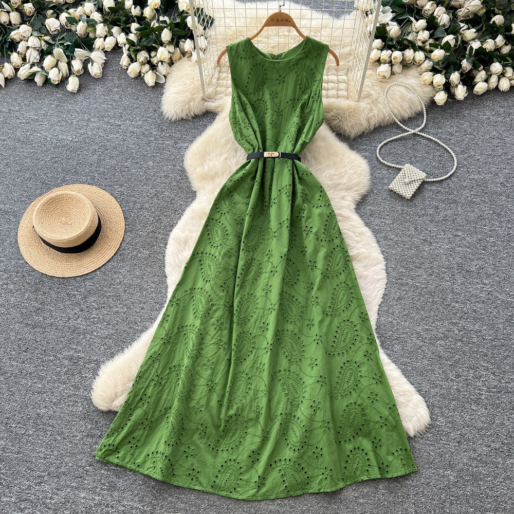 Luxury round neck sleeveless cutout dress - women's summer green a-line maxi dress - high waist, slimming, and figure-flattering - premium quality