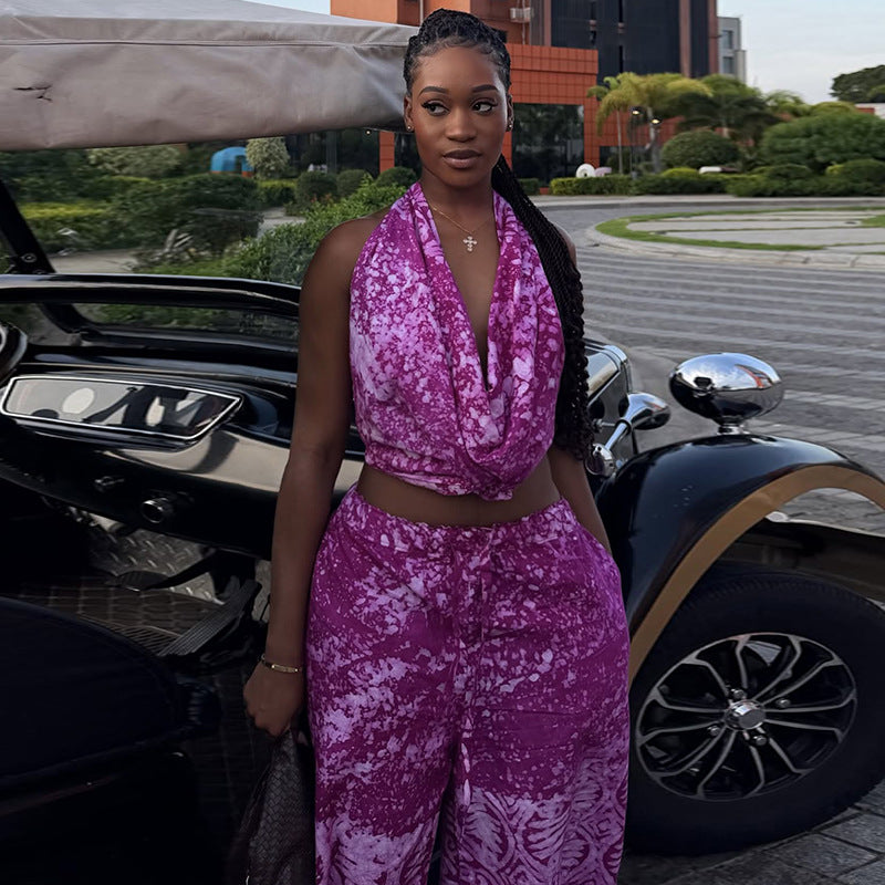 European and american style foreign trade color block women's loose pleated printed pants set, swing neck summer outdoor long two-piece outfit