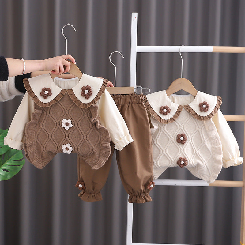Girls' spring korean style long-sleeve outfit: sweet, three-piece set with 3d floral sweater vest for baby girls